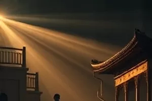 海洋纪录片《深蓝回声》封面，深海潜水器探照灯光束